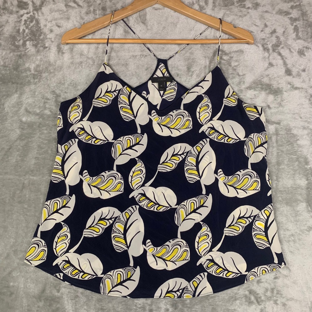 J.Crew Carrie Cami 100% Silk Tropical Leaf Print Navy Blue Tank Top C4268 Sz 10 - Picture 2 of 10